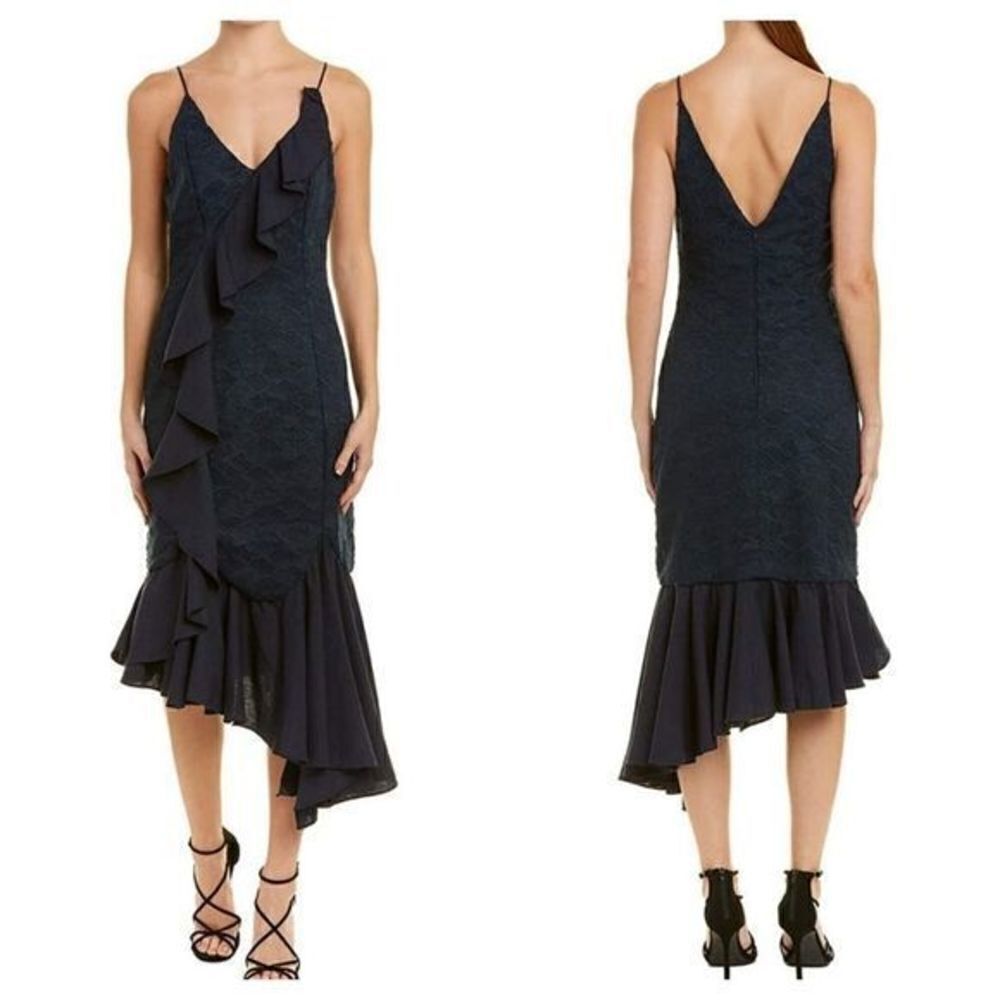 C/Meo Collective Navy Lace Ruffle Midi Dress